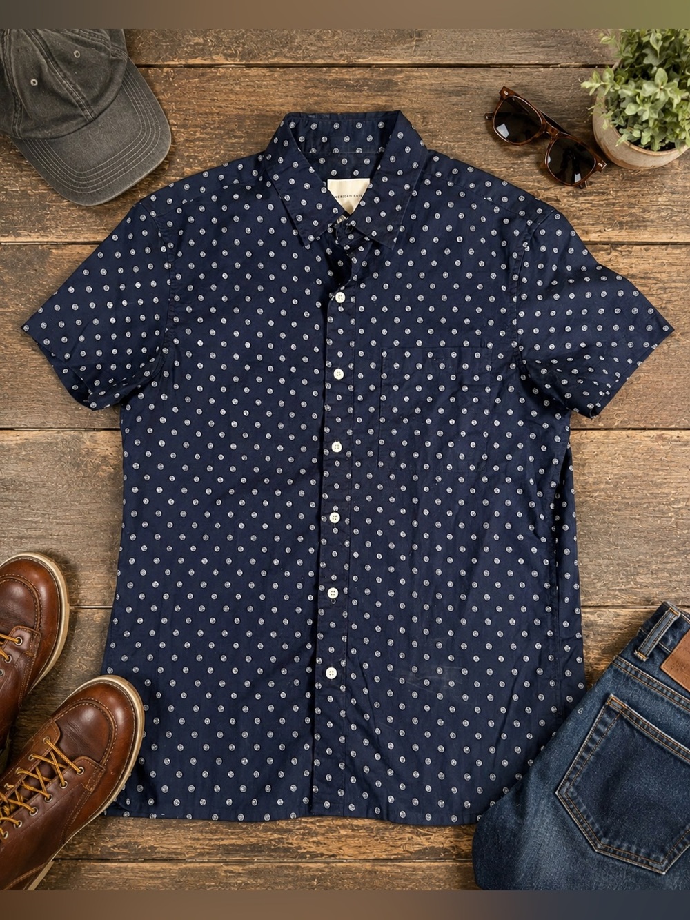 American Eagle Outfitters S Navy Medallion Print Short Sleeve Button Up Shirt